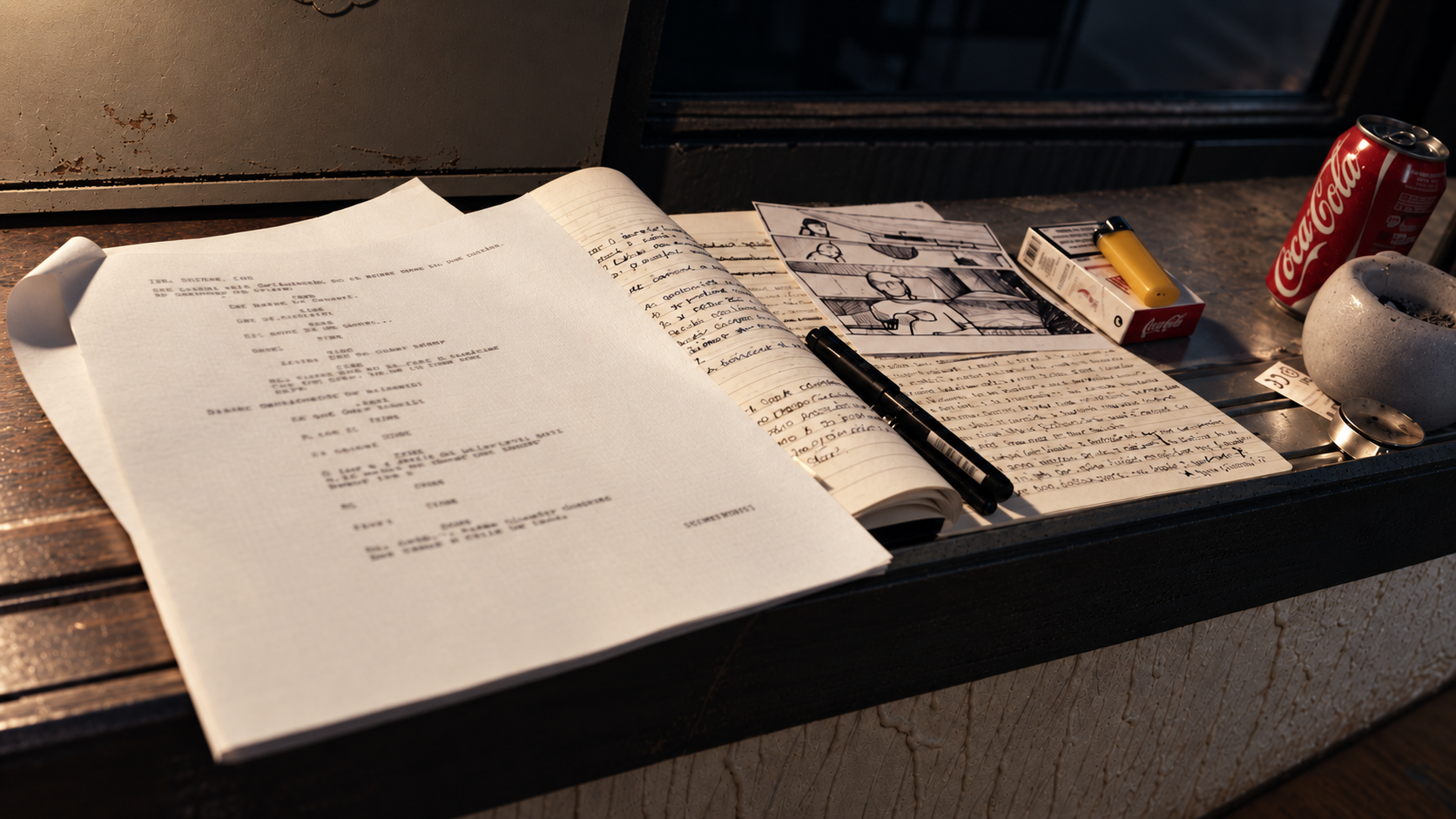 Guion impreso, cuaderno manuscrito y storyboard sobre un escritorio, junto a rotuladores, un cenicero y una lata de Coca-Cola.